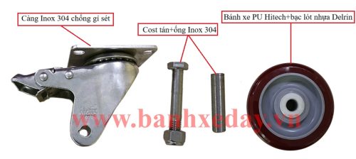 phụ kiện bánh xe PU inox xoay khóa
