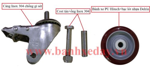 phụ kiện bánh xe PU inox xoay khóa tyren
